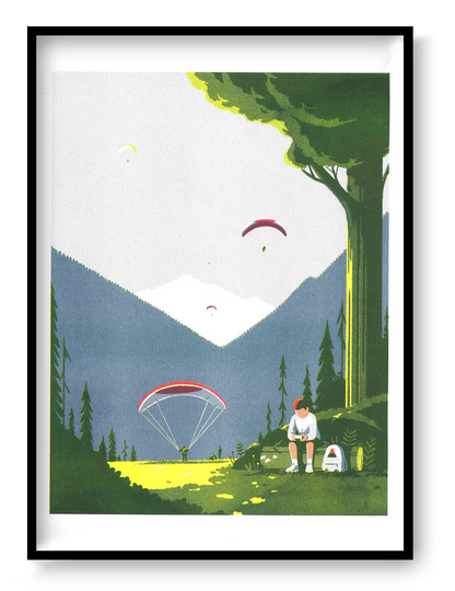 Game Boy art print by Tom Haugomat, nostalgic forest illustration with child playing Game Boy, minimalist risograph wall art A3.