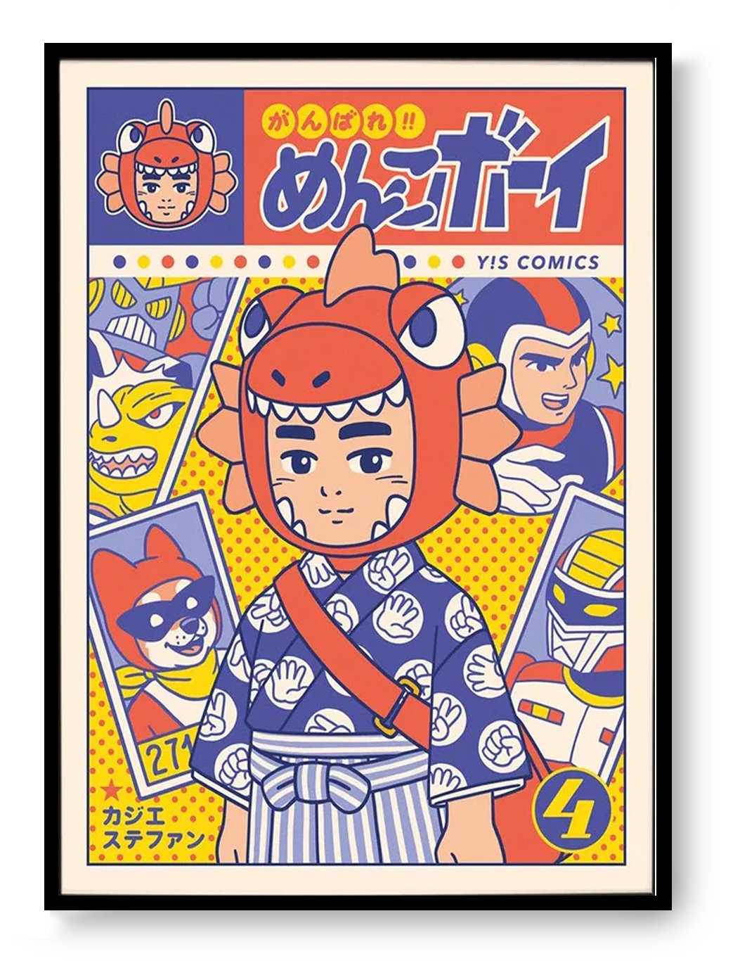 Ganbare Menko Boy manga art print by Yeaaah! Studio featuring a retro Japanese hero character in colorful pop art style, A4 illustration inspired by vintage manga covers.