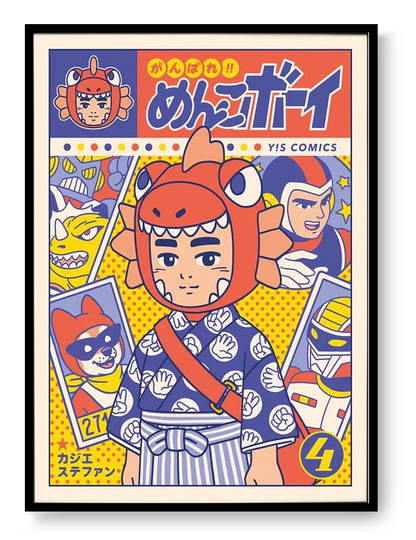 Ganbare Menko Boy manga art print by Yeaaah! Studio featuring a retro Japanese hero character in colorful pop art style, A4 illustration inspired by vintage manga covers.