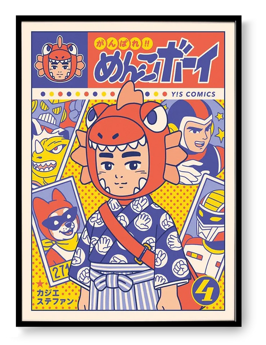 Ganbare Menko Boy manga art print by Yeaaah! Studio featuring a retro Japanese hero character in colorful pop art style, A4 illustration inspired by vintage manga covers.