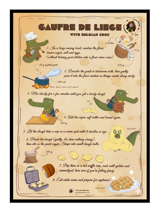 Illustrated recipe poster for Liège waffles by Giu Watercolor featuring playful characters and step-by-step waffle recipe in a whimsical kitchen illustration style.