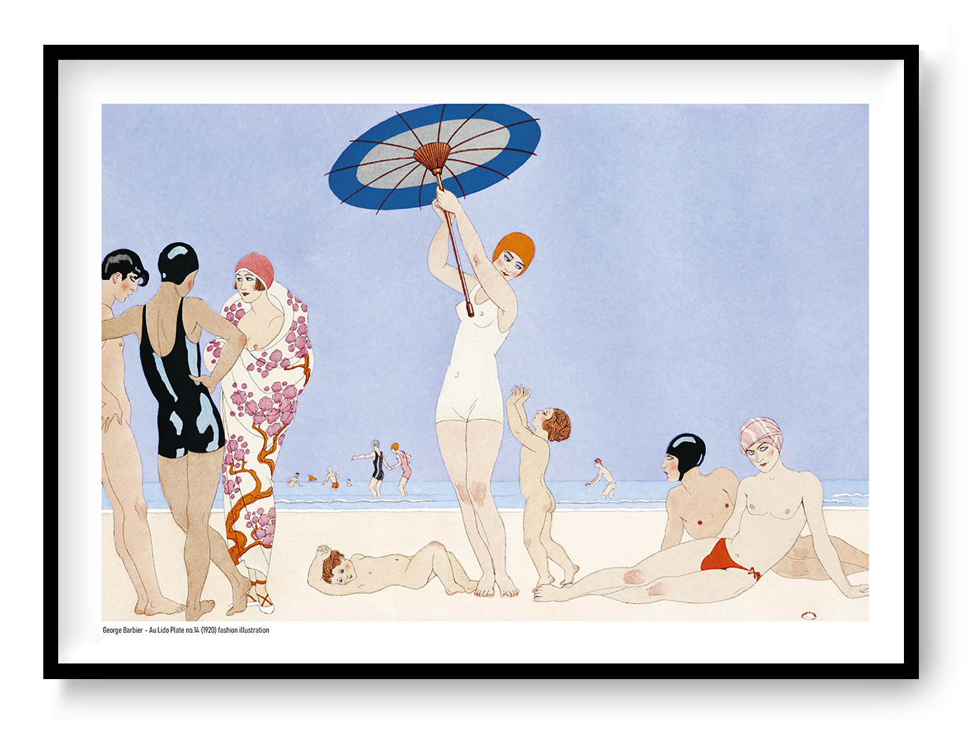 Horizontal Art Deco beach illustration by George Barbier showing stylish swimmers in black, pink, red, and cream against a pale blue sea, printed as decorative A4 wall art.