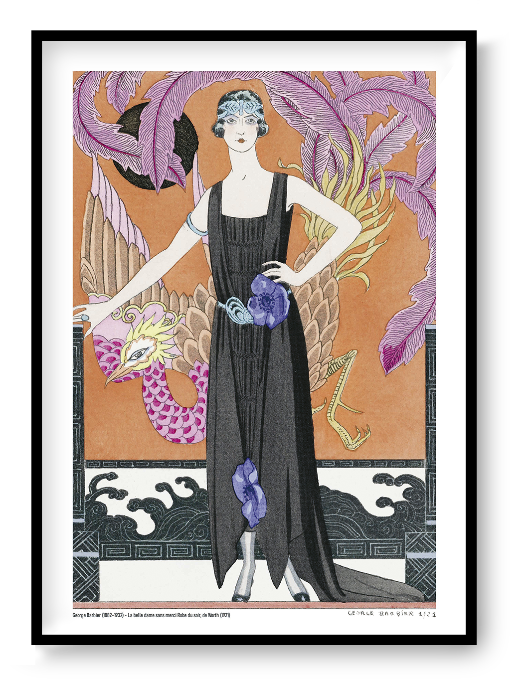 La Belle Dame sans Merci by George Barbier, a vertical Art Deco fashion illustration of a woman in a black evening dress surrounded by a colourful bird, purple feathers and warm orange tones, ideal as elegant wall decor.