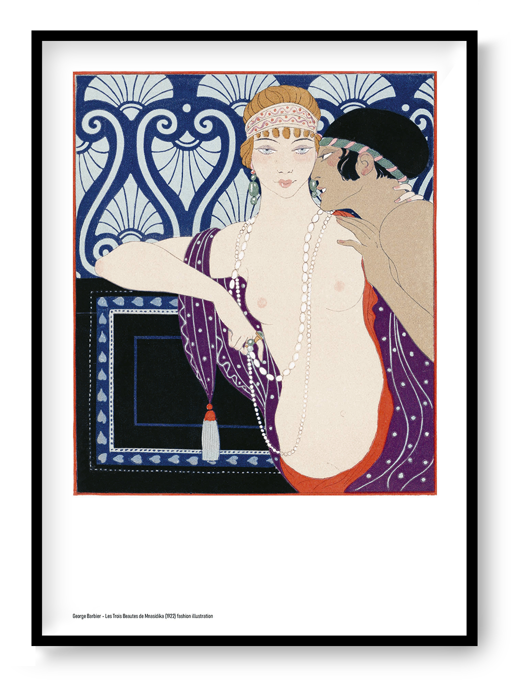 Portrait-oriented Art Deco illustration of two elegantly dressed figures in blue, purple, red and cream, with pearls and decorative patterns, reproduced as an A4 digital print for bedroom or gallery wall decor.