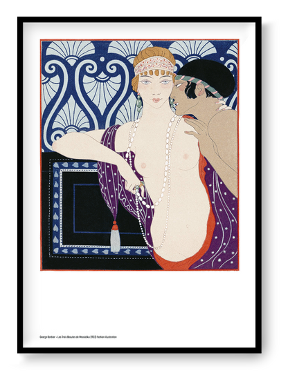 Portrait-oriented Art Deco illustration of two elegantly dressed figures in blue, purple, red and cream, with pearls and decorative patterns, reproduced as an A4 digital print for bedroom or gallery wall decor.