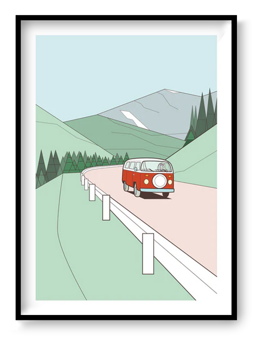 Get In The Van art print by Floor 4 Productions showing a red van driving through green hills in a minimalist travel illustration style.