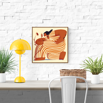Illustration titled "Sunny Side Up" by Gheleyne Bastiaen showing a powerful woman in an oversized striped dress, holding sunflowers, with dynamic orange and cream tones, celebrating self-love, femininity, and inner strength – 30x30 cm art print made in Belgium.