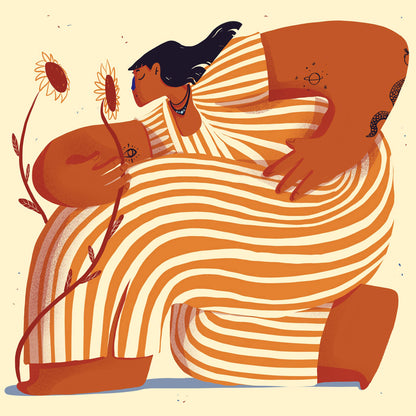 Illustration titled "Sunny Side Up" by Gheleyne Bastiaen showing a powerful woman in an oversized striped dress, holding sunflowers, with dynamic orange and cream tones, celebrating self-love, femininity, and inner strength – 30x30 cm art print made in Belgium.
