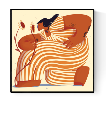 Illustration titled "Sunny Side Up" by Gheleyne Bastiaen showing a powerful woman in an oversized striped dress, holding sunflowers, with dynamic orange and cream tones, celebrating self-love, femininity, and inner strength – 30x30 cm art print made in Belgium.