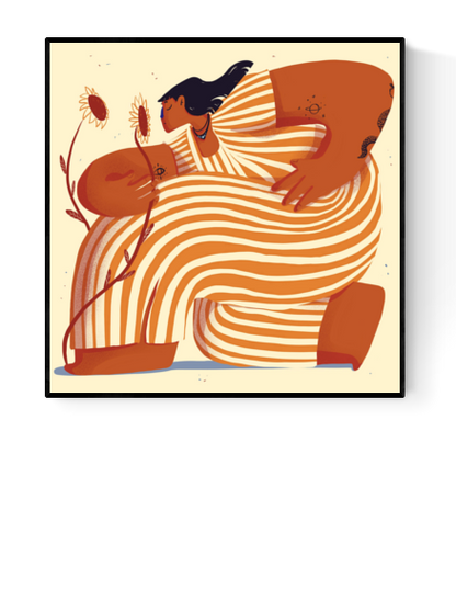 Illustration titled "Sunny Side Up" by Gheleyne Bastiaen showing a powerful woman in an oversized striped dress, holding sunflowers, with dynamic orange and cream tones, celebrating self-love, femininity, and inner strength – 30x30 cm art print made in Belgium.