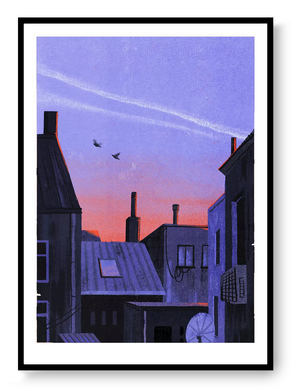 Ghent art print by Linde Raats showing quiet city rooftops at dusk with soft purple and warm sky colors, minimalist urban illustration.