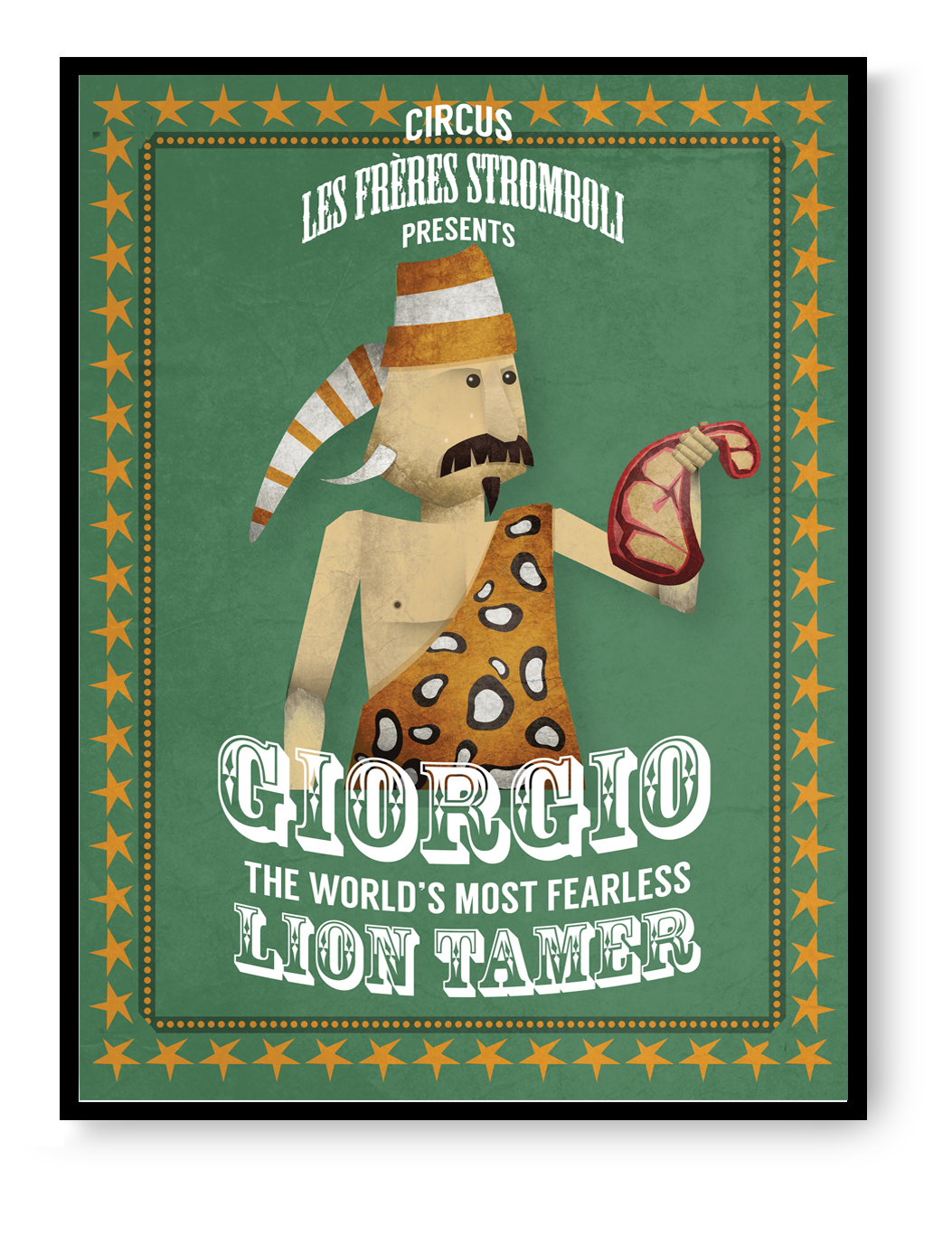 Giorgio Stromboli art print by Studio Frits showing a vintage circus lion tamer illustration in a playful poster style.
