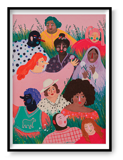 Girl Power art print by Louise de Meester featuring a colorful group of women celebrating diversity, friendship, and confidence.