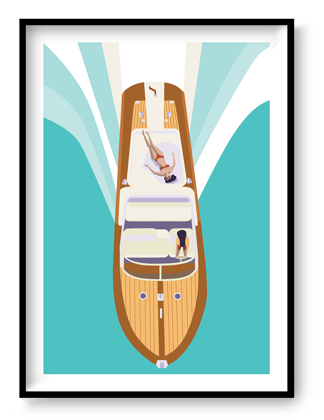 Illustration of two women on a luxury boat cruising through turquoise waters, viewed from above – minimalist summer art print by Floor 4 Productions, perfect for lovers of travel, vacation vibes, and retro-modern design.