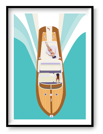 Illustration of two women on a luxury boat cruising through turquoise waters, viewed from above – minimalist summer art print by Floor 4 Productions, perfect for lovers of travel, vacation vibes, and retro-modern design.