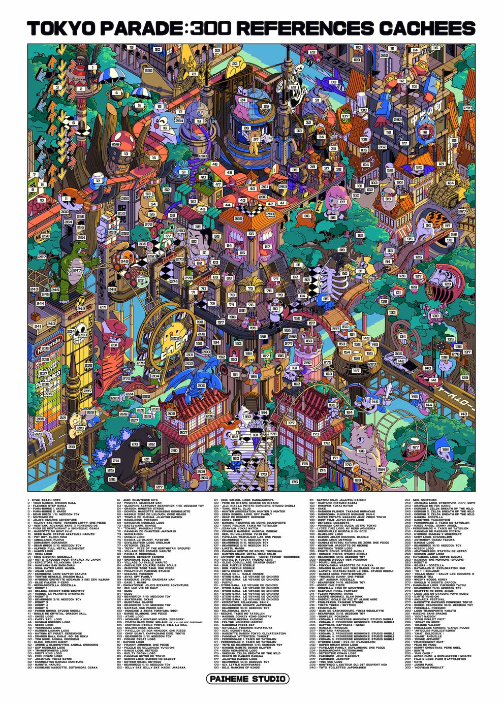 Colorful pop art illustration "Tokyo Parade" by Paiheme Studio, featuring a detailed city scene with 300 hidden Japanese cultural references including anime characters, food, and architecture, printed on 30x30 cm matte coated paper.