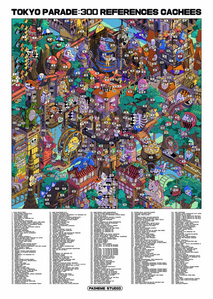 Colorful pop art illustration "Tokyo Parade" by Paiheme Studio, featuring a detailed city scene with 300 hidden Japanese cultural references including anime characters, food, and architecture, printed on 30x30 cm matte coated paper.