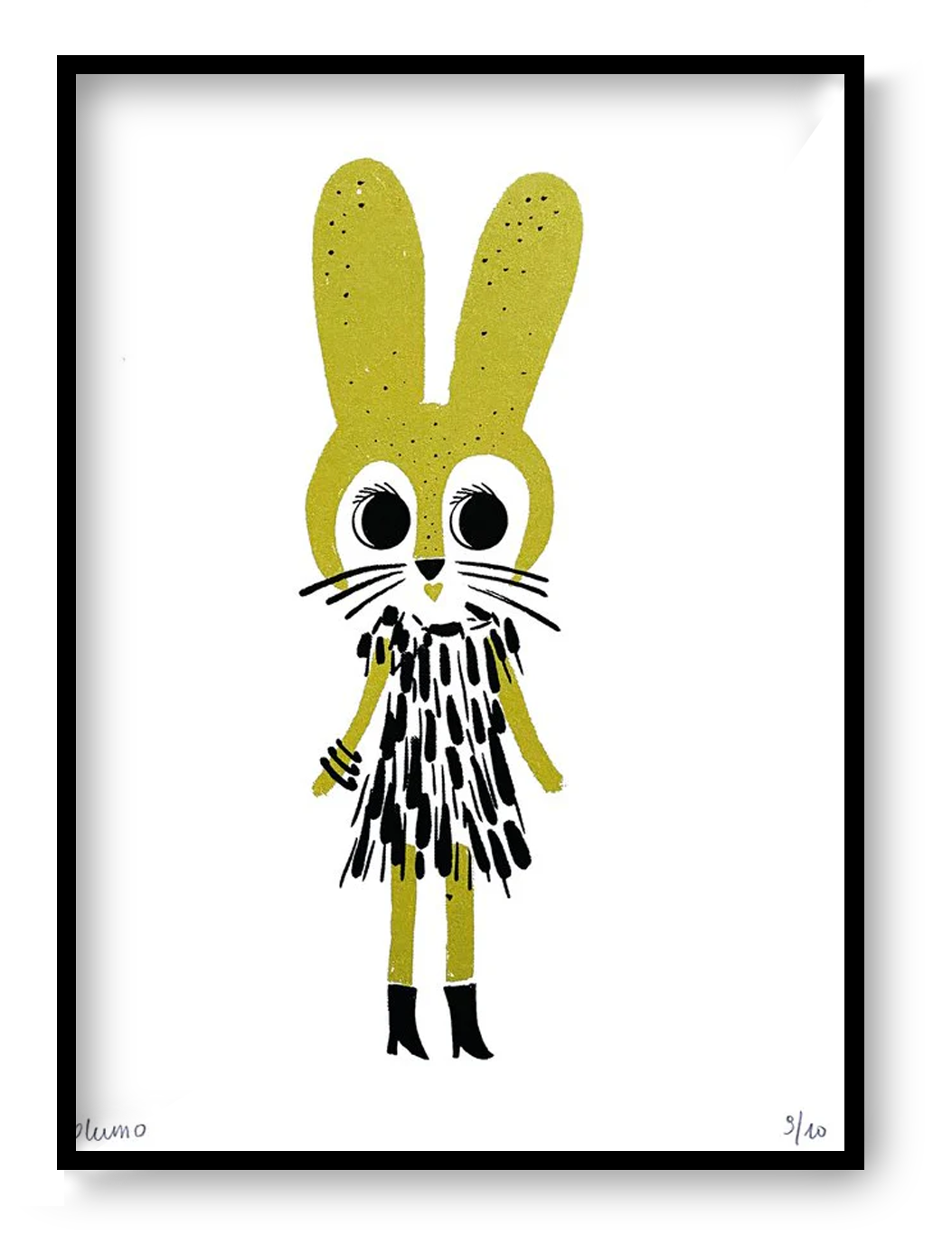 Plumo “Fancy Rabbit” A5 hand-pulled screenprint in mustard/golden yellow, cute rabbit illustration with oversized eyes, textured ink and black dress, limited edition handmade Belgian print for nursery decor and playful gallery walls