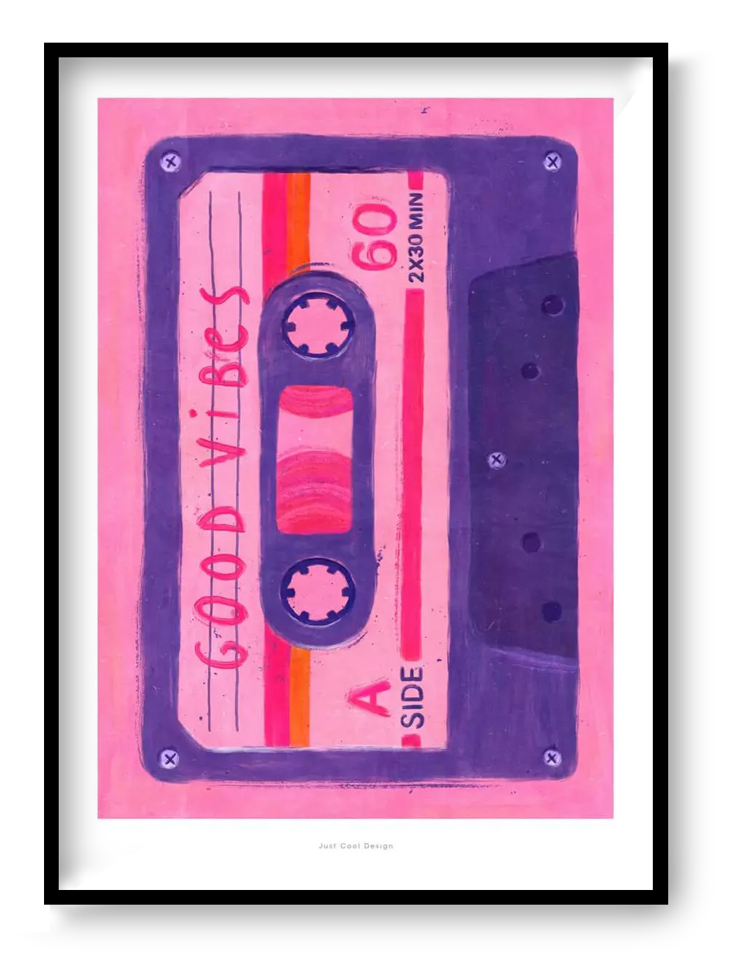 Retro cassette tape illustration in pink and purple tones, Good Vibes Cassette art print by Just Cool Design, A4 giclée print on matte paper.