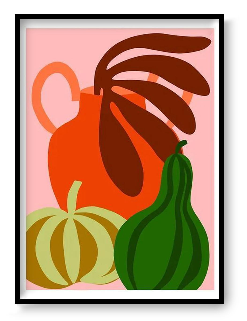 Colorful still life illustration with green pumpkin and warm tones, Green Pumpkin art print by Teresa Rego, modern A3 wall art.