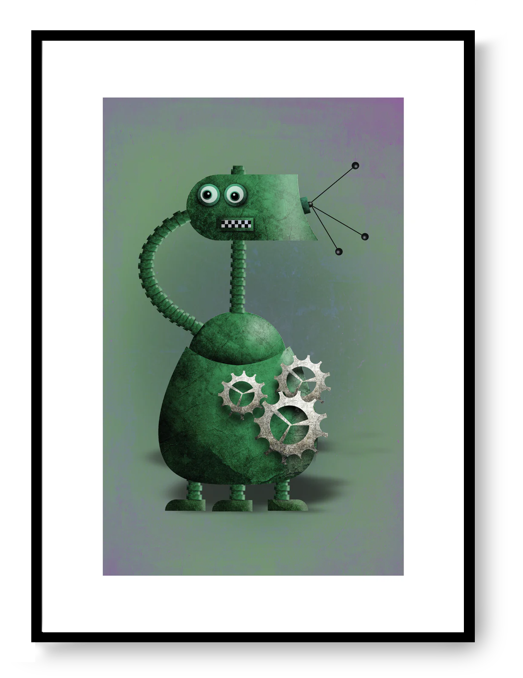 Playful green robot digital art print with retro design and mechanical details, illustrated by Studio Frits, modern wall art in A4 format