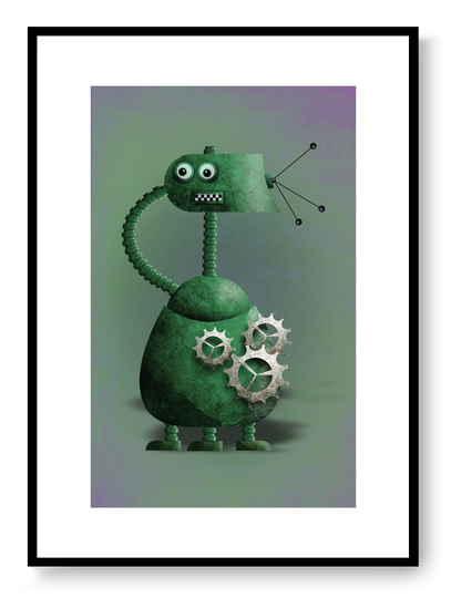 Playful green robot digital art print with retro design and mechanical details, illustrated by Studio Frits, modern wall art in A4 format