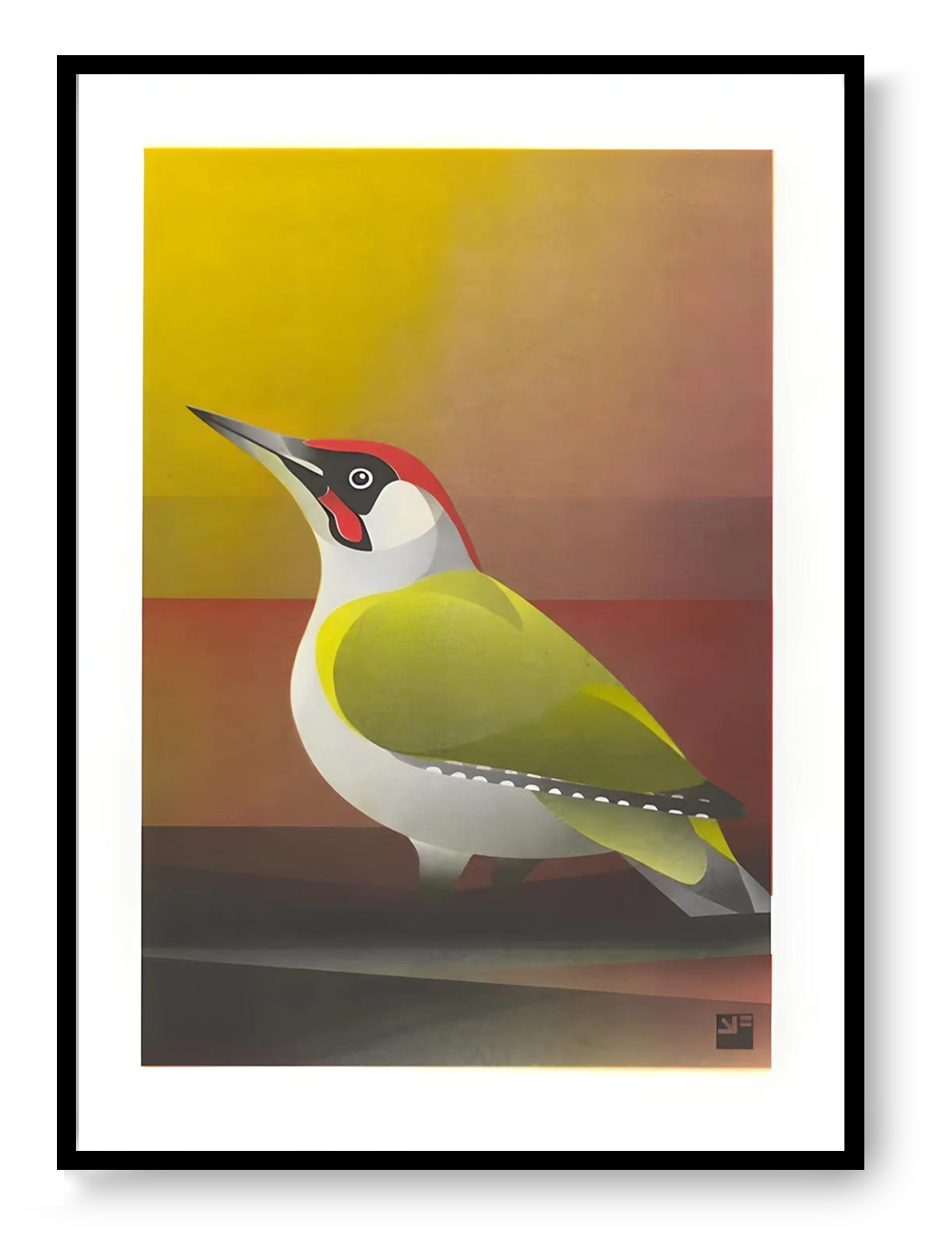 Green woodpecker risograph print with geometric shapes and earthy colors, handmade bird illustration by VrijFormaat in A4 format