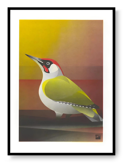 Green woodpecker risograph print with geometric shapes and earthy colors, handmade bird illustration by VrijFormaat in A4 format