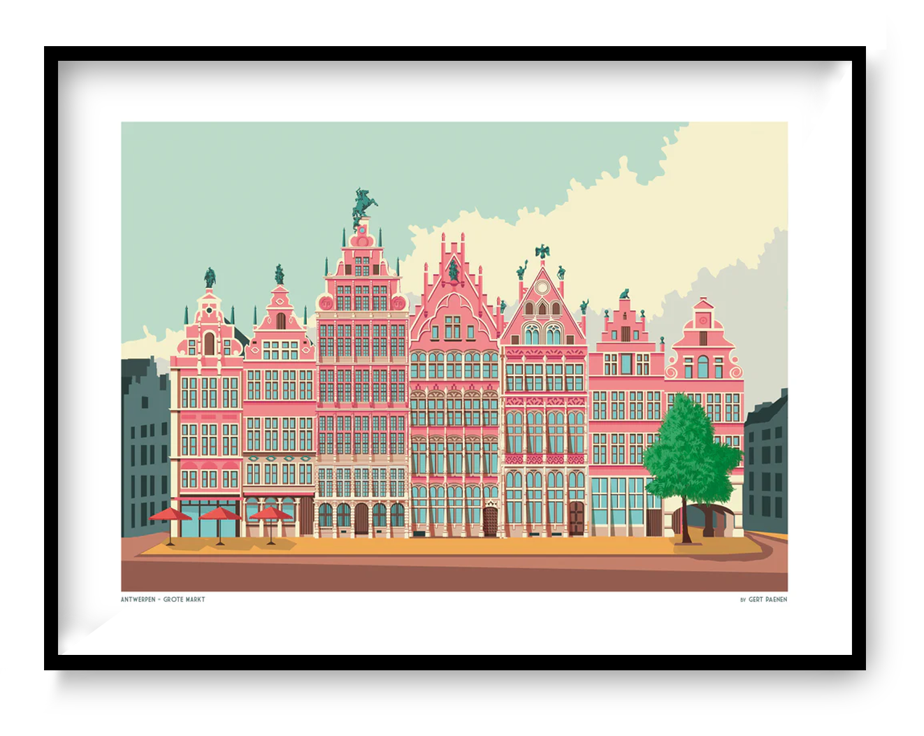 Grote Markt Antwerp illustration with historic guild houses in a colorful graphic style, architectural art print by Studio Frits
