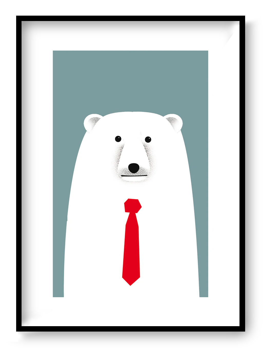 Minimalist polar bear illustration with red tie, modern A4 wall art print by Studio Frits, playful animal artwork for home office or kids room