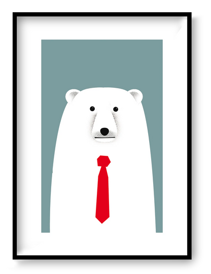 Minimalist polar bear illustration with red tie, modern A4 wall art print by Studio Frits, playful animal artwork for home office or kids room