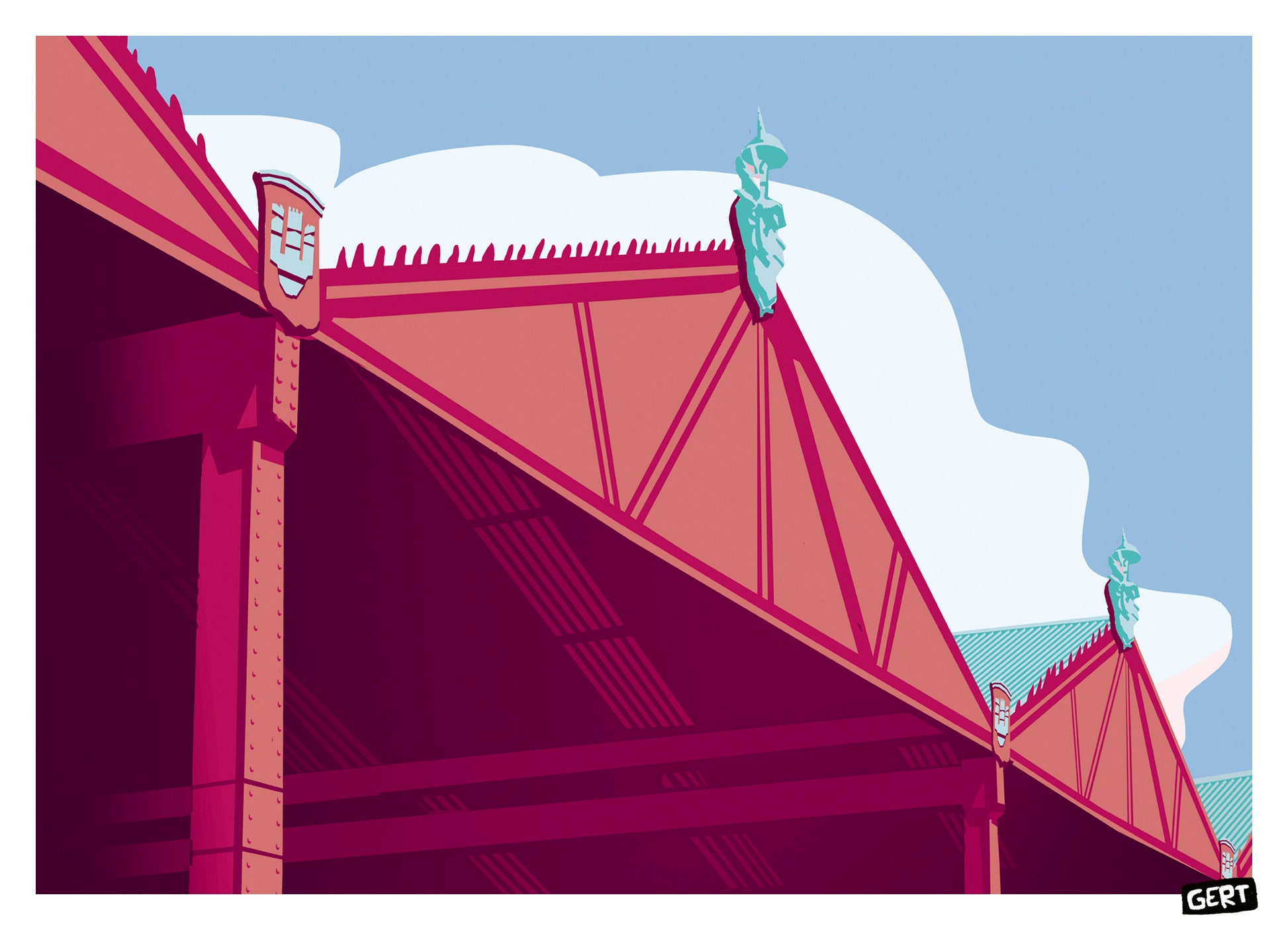 Hangars by Gert Paenen, colorful architectural art print featuring the iconic Scheldekaaien hangars in Antwerp, Belgium. Contemporary graphic illustration with bold geometric structures, vibrant pink and blue tones, urban architecture, and modern cityscape design.