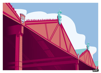 Hangars by Gert Paenen, colorful architectural art print featuring the iconic Scheldekaaien hangars in Antwerp, Belgium. Contemporary graphic illustration with bold geometric structures, vibrant pink and blue tones, urban architecture, and modern cityscape design.