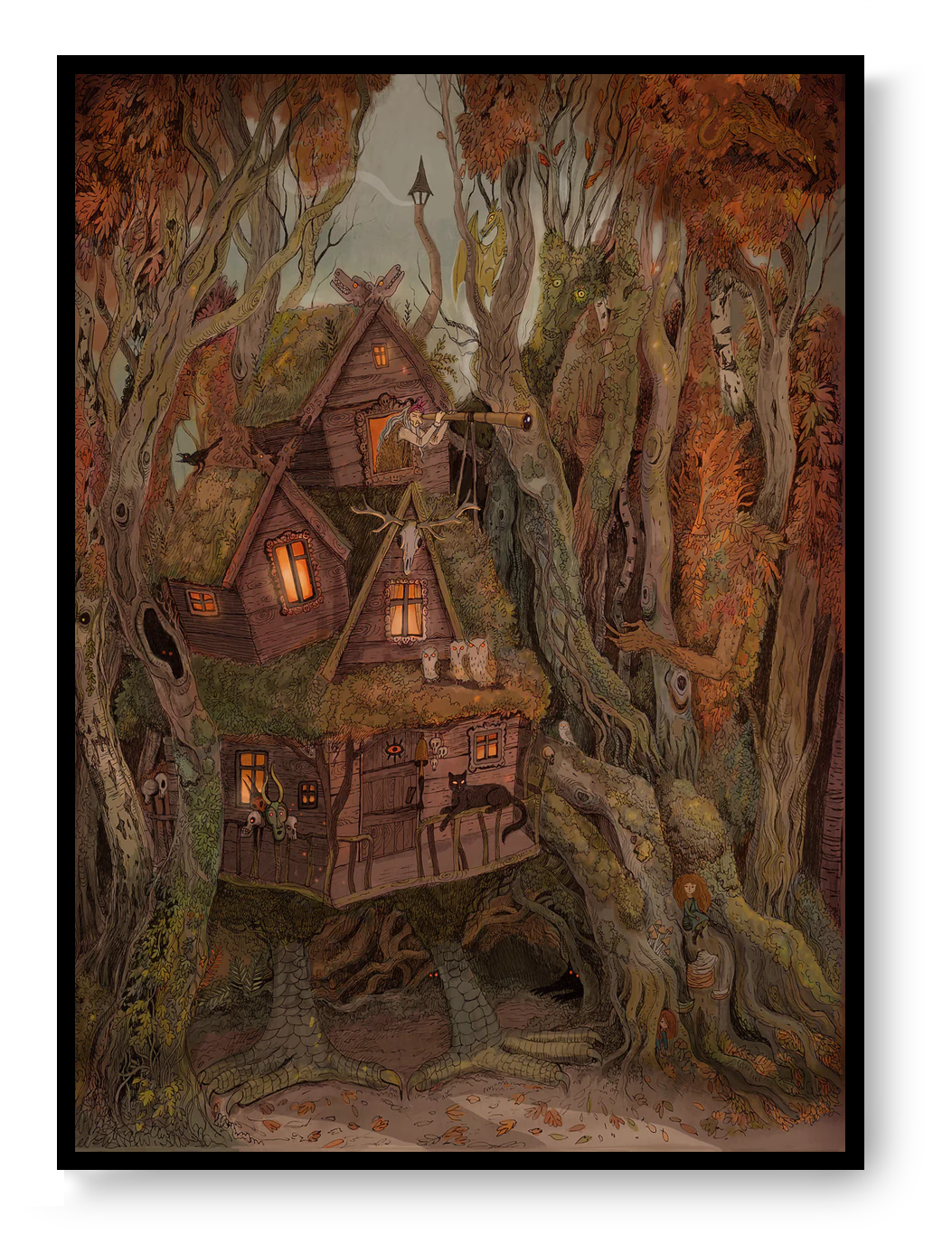Fantasy forest illustration with wooden house at night, Halloween art print by Lena Yampolski, magical fairytale wall art in warm autumn tones