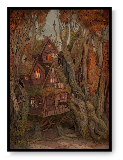 Fantasy forest illustration with wooden house at night, Halloween art print by Lena Yampolski, magical fairytale wall art in warm autumn tones