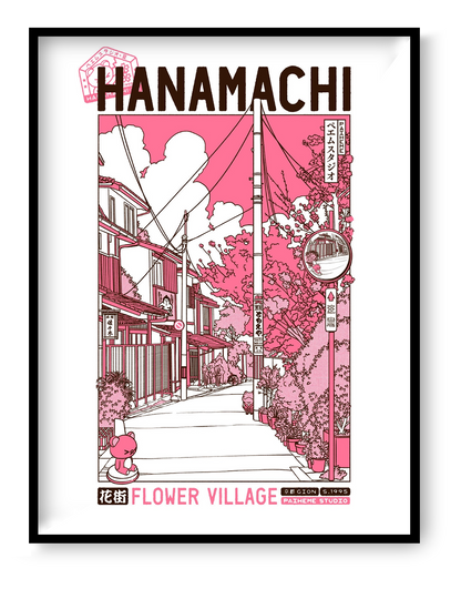 Hanamachi Flower Village poster by Paiheme Studio showing peaceful traditional Kyoto street with cherry blossoms and pink sky Japanese neighborhood illustration