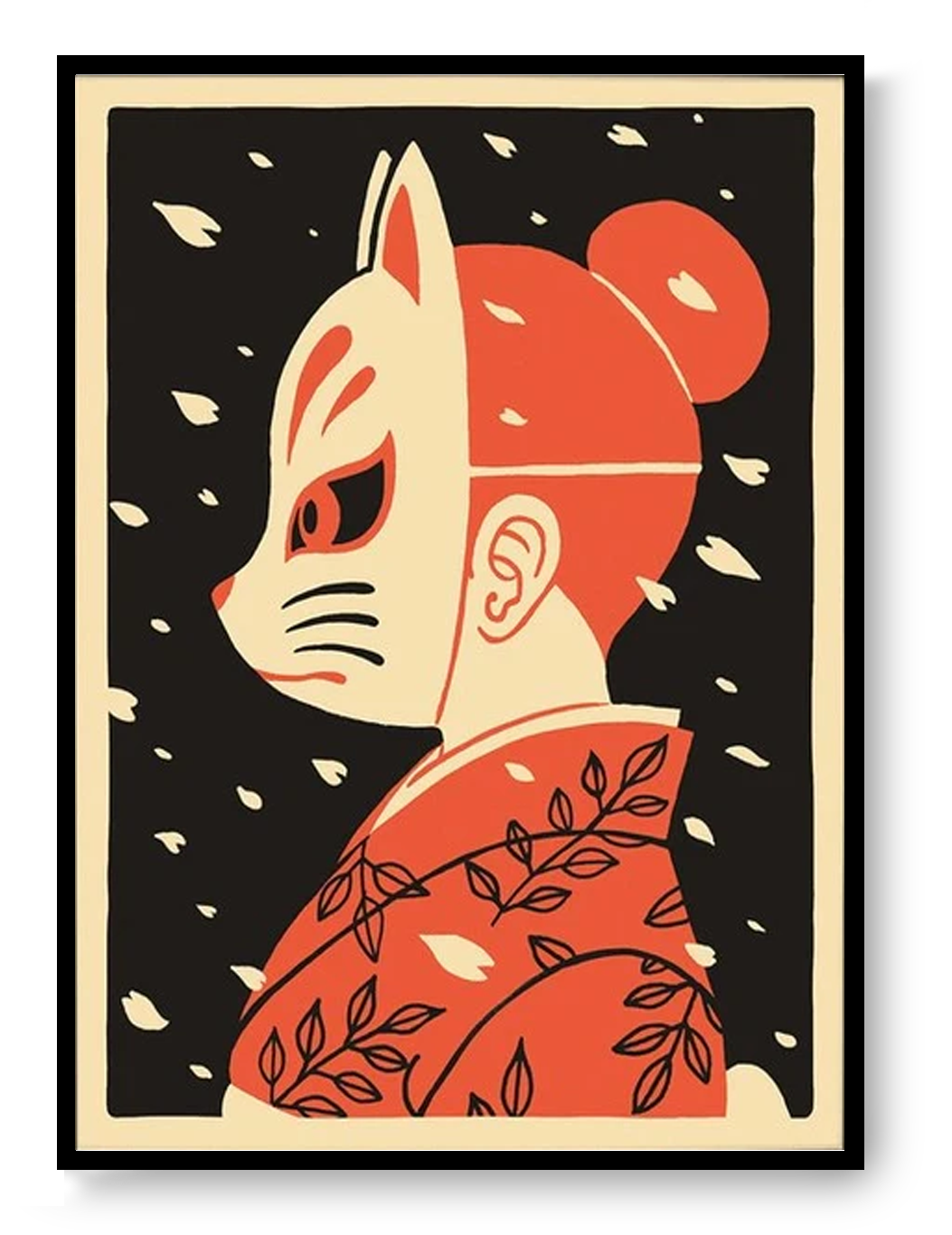 Japanese-inspired art print with fox mask and falling petals, Hanami by Yeaaah! Studio, minimalist graphic wall art 50x70 cm