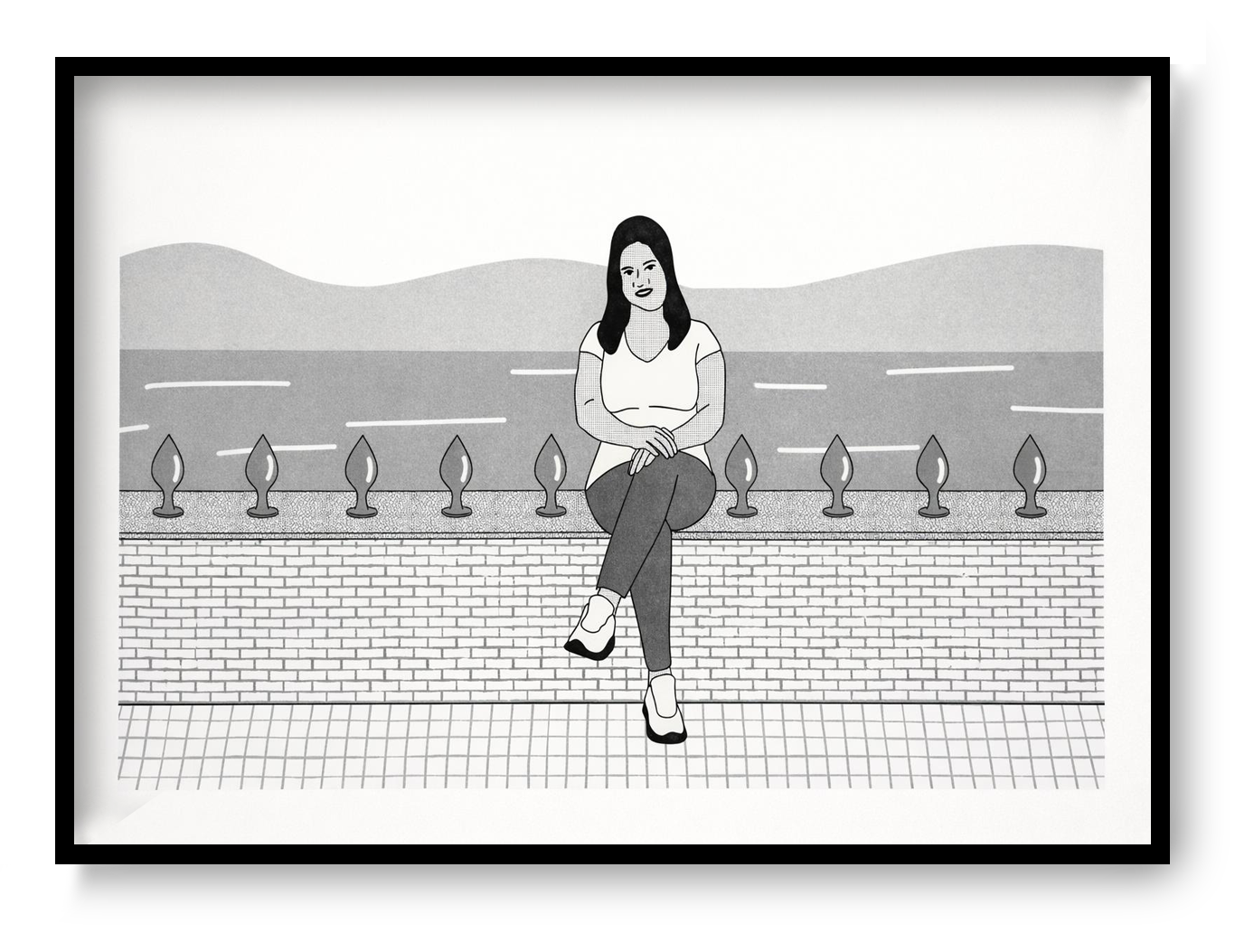 Risograph art print titled “Happy” by Studio Stoutpoep, A2 contemporary monochrome illustration featuring a seated woman in a graphic minimalist style, printed with eco-friendly soy-based inks, modern statement wall art for design interiors.