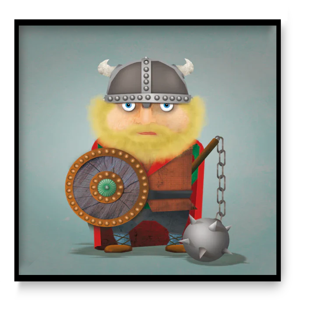 Playful Viking character illustration with helmet and shield, Harald the Viking by Studio Frits, 30x30 cm graphic wall art print