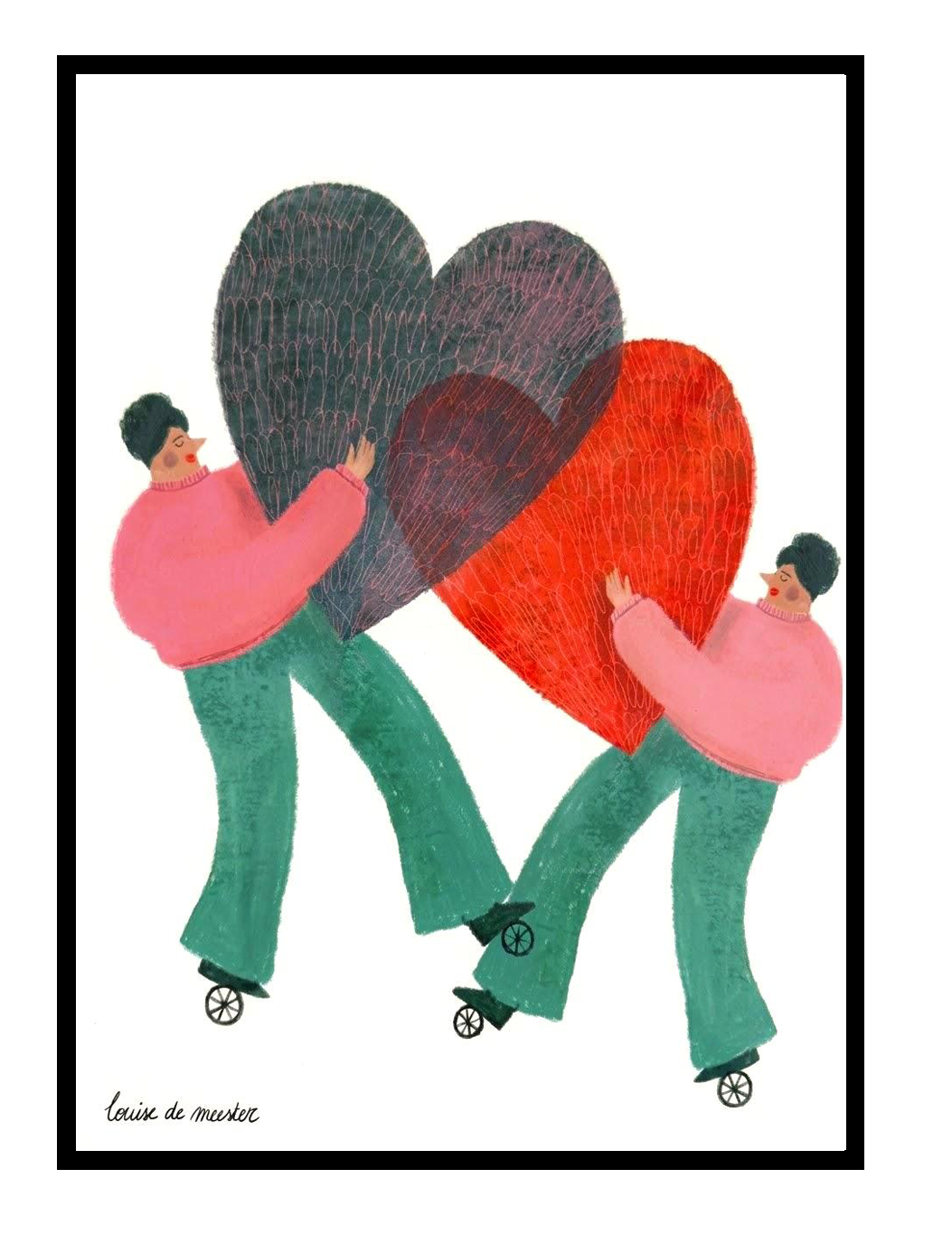 Contemporary illustration art print by Louise de Meester featuring expressive characters and bold heart shapes in a playful modern style.