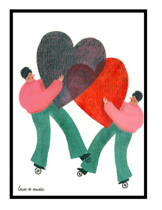 Contemporary illustration art print by Louise de Meester featuring expressive characters and bold heart shapes in a playful modern style.