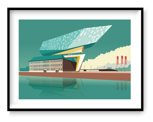 Architectural illustration of the Havenhuis in Antwerp by Studio Frits, modern city art print with clean lines and contemporary Belgian design