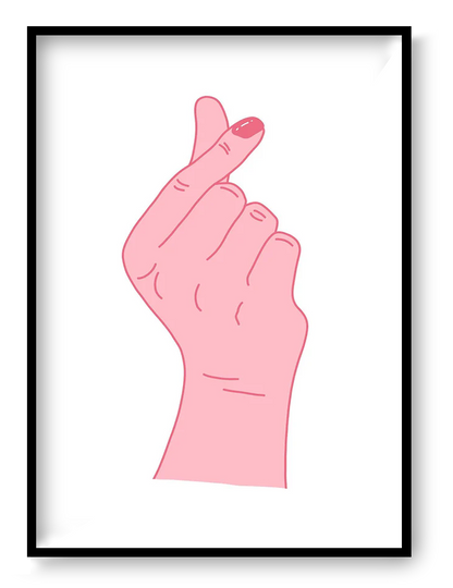 Minimalist screenprint of a hand making a finger heart gesture by Studio Stoutpoep, modern pop art print in pink tones, limited edition Belgian illustration