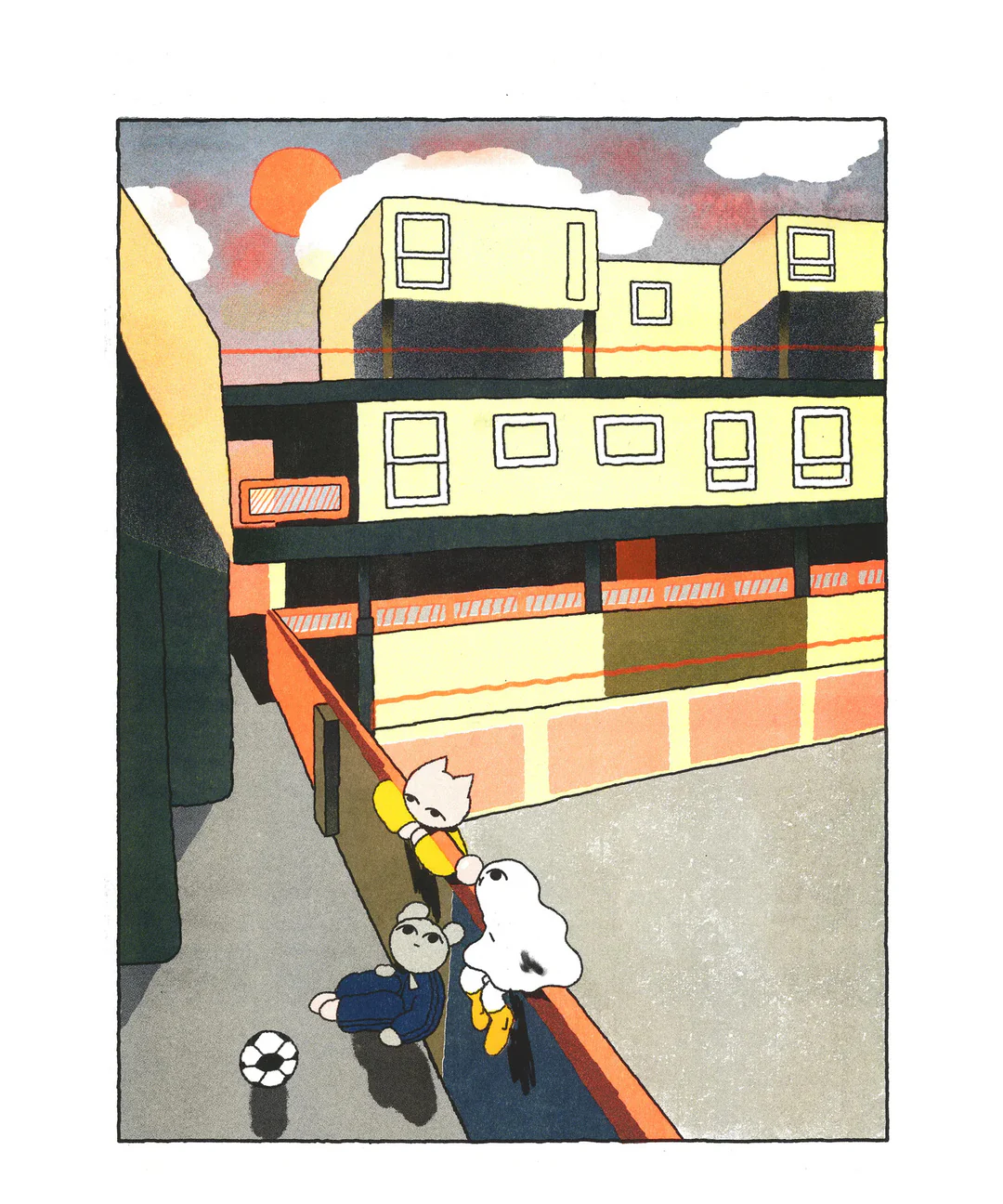 Colorful risograph print Estate Hang by Hel Covell showing three playful characters and a soccer ball in a modern urban courtyard at sunset, with geometric buildings and warm orange light — a nostalgic and tender artwork celebrating friendship and everyday life.