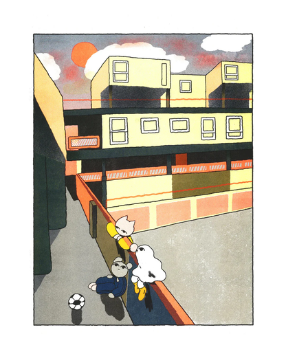 Colorful risograph print Estate Hang by Hel Covell showing three playful characters and a soccer ball in a modern urban courtyard at sunset, with geometric buildings and warm orange light — a nostalgic and tender artwork celebrating friendship and everyday life.