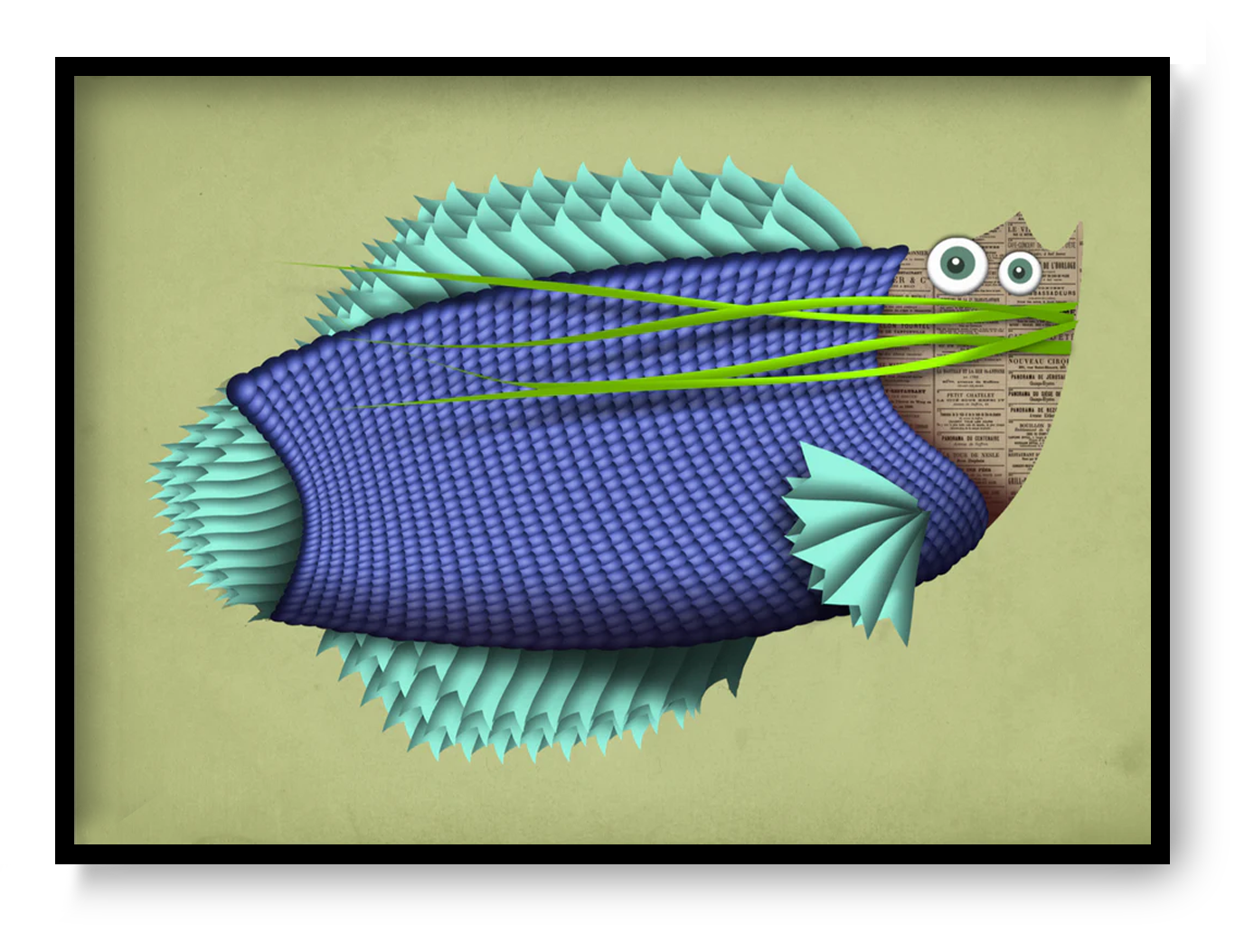 Playful fish illustration art print by Studio Frits, quirky character design with bold textures and humor, modern Belgian illustration wall art