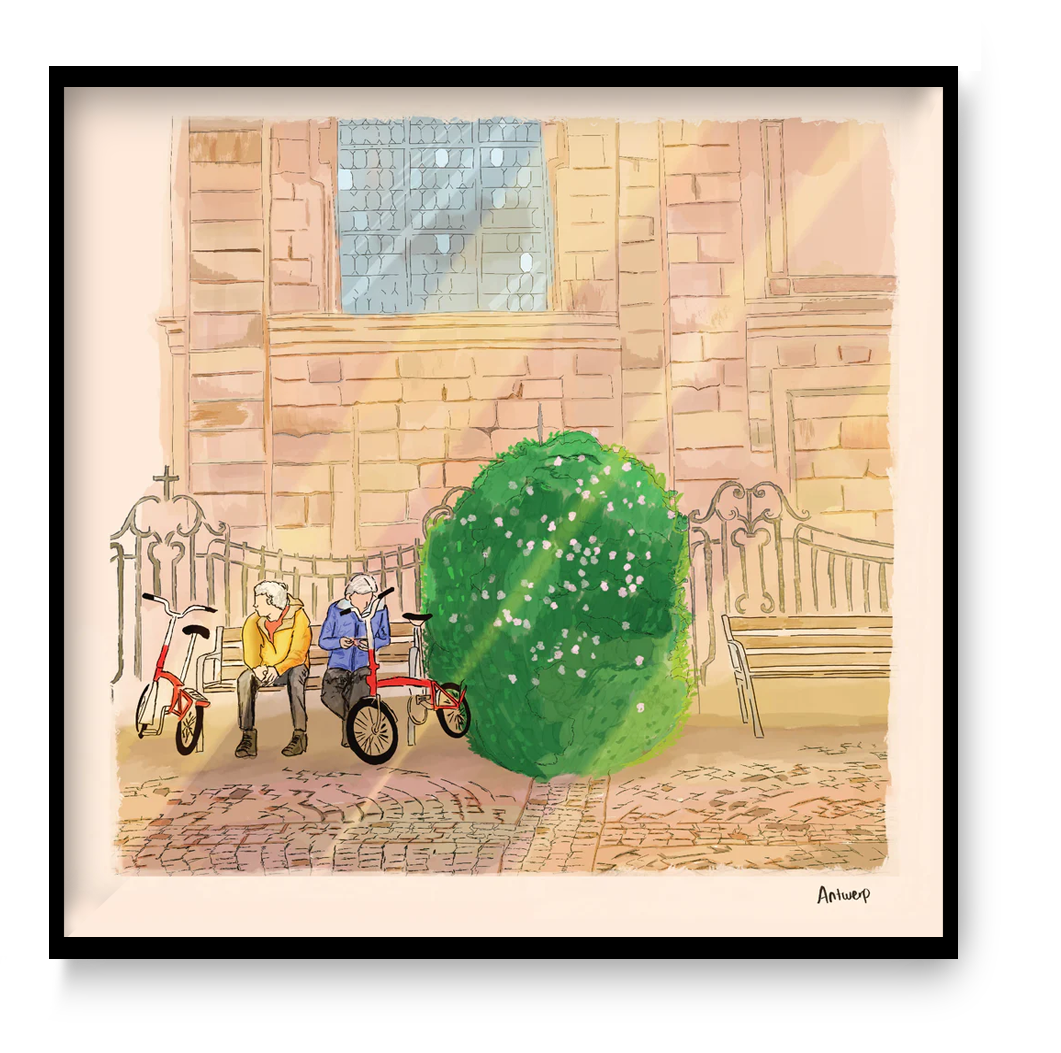 Antwerp city illustration art print by Valeria Maggiani, Hendrik Conscienceplein scene with everyday life, warm urban illustration wall art