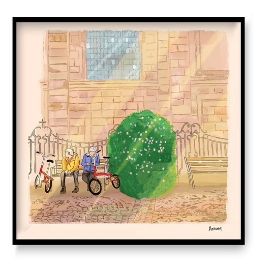 Antwerp city illustration art print by Valeria Maggiani, Hendrik Conscienceplein scene with everyday life, warm urban illustration wall art