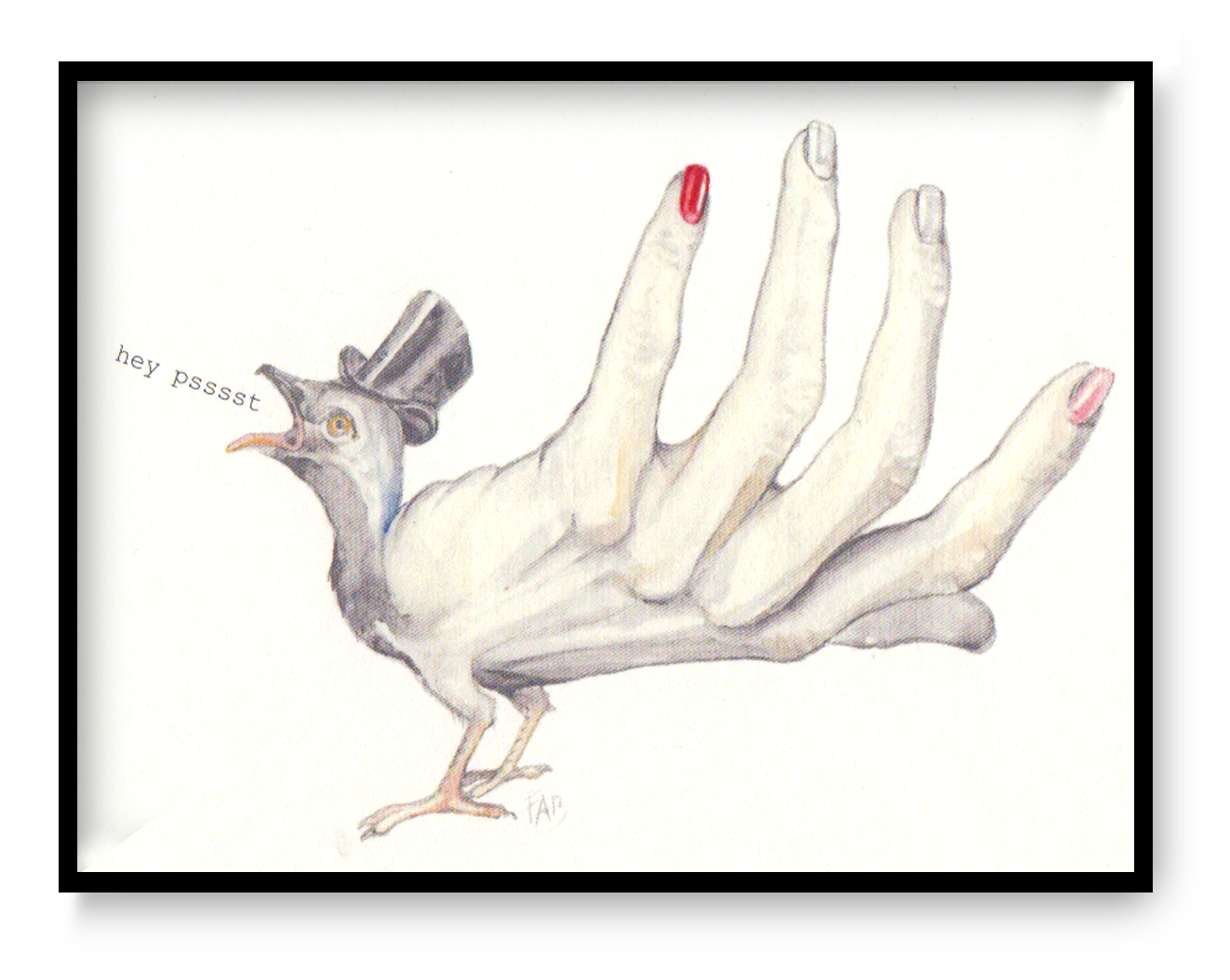 Surreal A6 art card by Belgian illustrator FAB showing a bird with a human hand tail, manicured nails and top hat, whimsical and poetic illustration