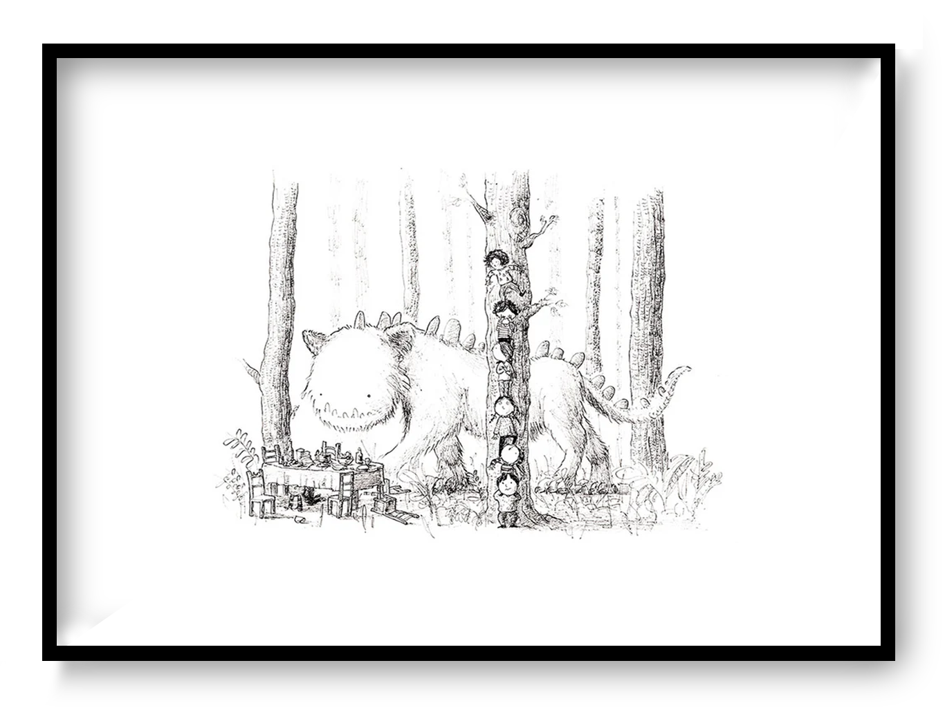 Black and white art print showing children hiding behind a tree while a friendly monster walks through a forest, illustrated by Willy Leung.